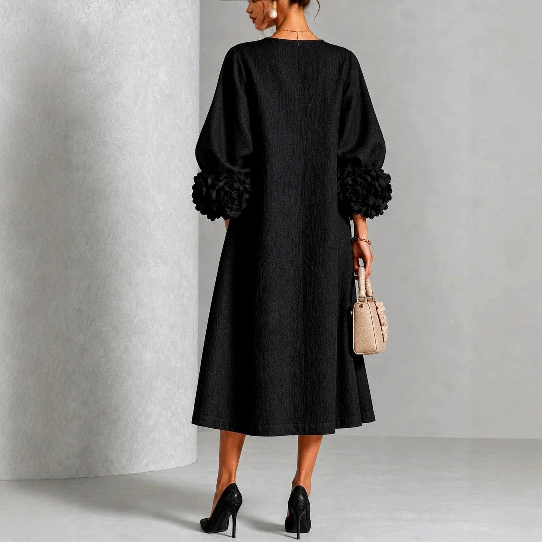 Rosalie - Women's Flower Detail Long Sleeve Midi Dress