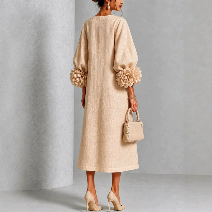 Rosalie - Women's Flower Detail Long Sleeve Midi Dress