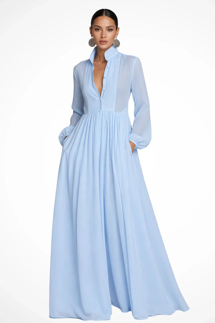 Rowena | Button Front Evening Maxi Dress with Pockets and Long Sleeves