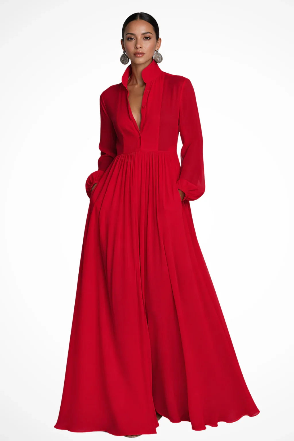 Rowena | Button Front Evening Maxi Dress with Pockets and Long Sleeves