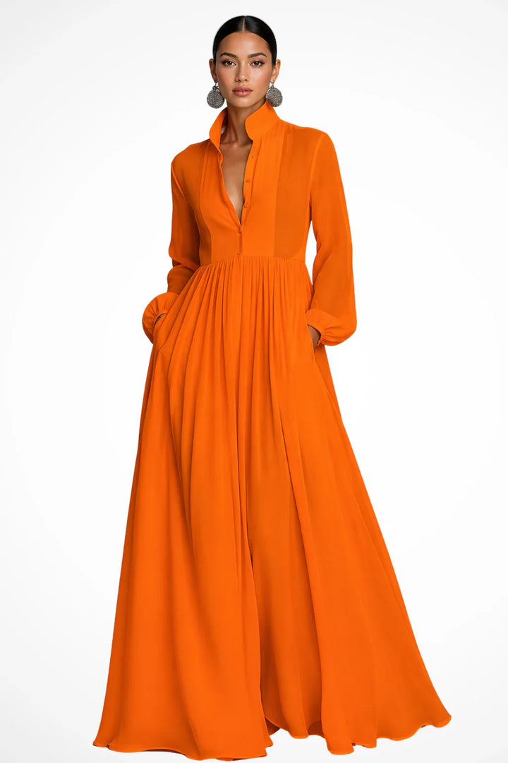 Rowena | Button Front Evening Maxi Dress with Pockets and Long Sleeves