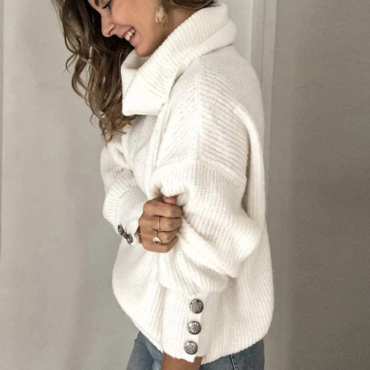 Women's Sweater | High Neck Button Sleeve Loose Fit