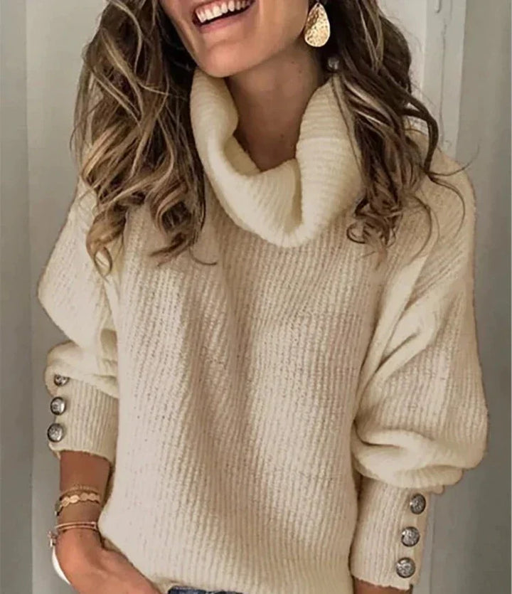 Women's Sweater | High Neck Button Sleeve Loose Fit