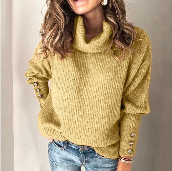Women's Sweater | High Neck Button Sleeve Loose Fit