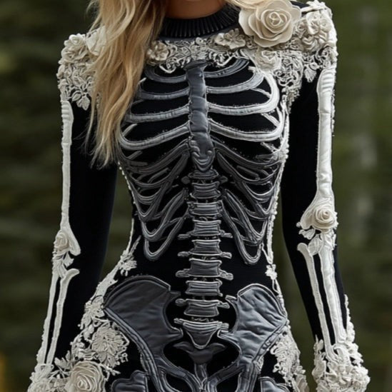 Marlowe | Women's Bodycon Long-Sleeve Skeleton Print Floral Appliqué Halloween Mini Dress