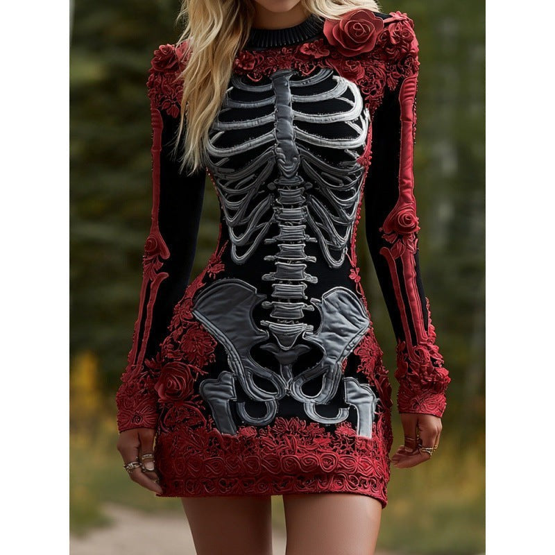 Marlowe | Women's Bodycon Long-Sleeve Skeleton Print Floral Appliqué Halloween Mini Dress