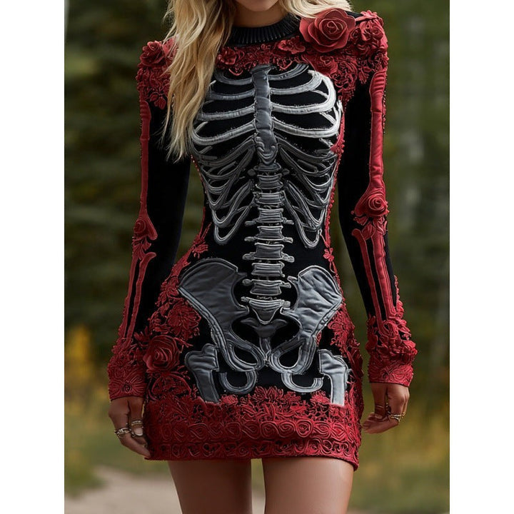 Marlowe | Women's Bodycon Long-Sleeve Skeleton Print Floral Appliqué Halloween Mini Dress