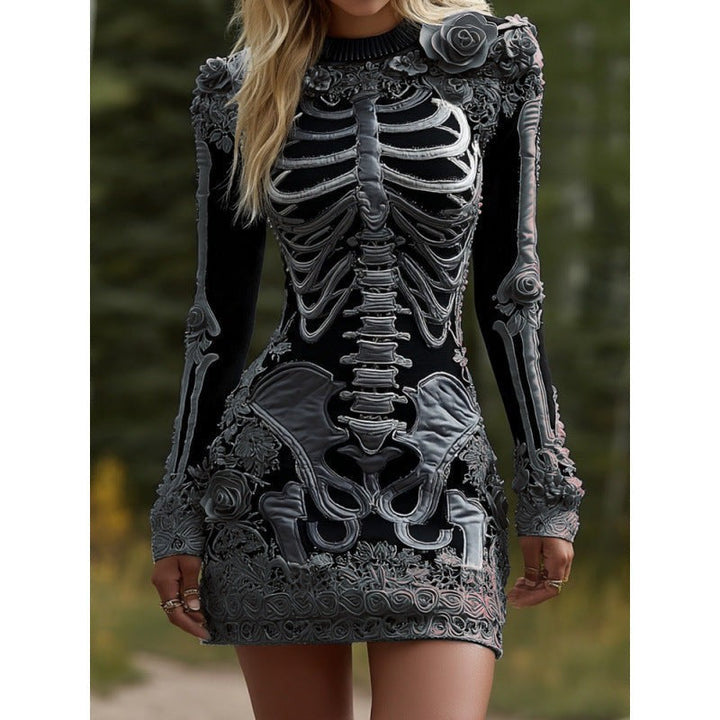 Marlowe | Women's Bodycon Long-Sleeve Skeleton Print Floral Appliqué Halloween Mini Dress
