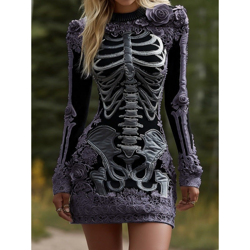 Marlowe | Women's Bodycon Long-Sleeve Skeleton Print Floral Appliqué Halloween Mini Dress