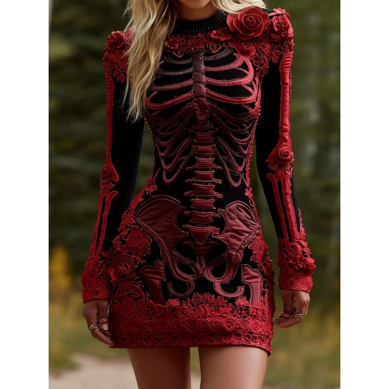 Marlowe | Women's Bodycon Long-Sleeve Skeleton Print Floral Appliqué Halloween Mini Dress