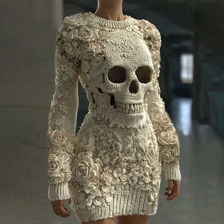 Marlowe | Women's Bodycon Long-Sleeve Skeleton Print Floral Appliqué Halloween Mini Dress