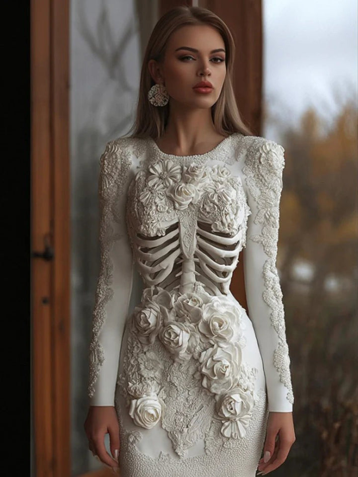 Marlowe | Women's Bodycon Long-Sleeve Skeleton Print Floral Appliqué Halloween Mini Dress