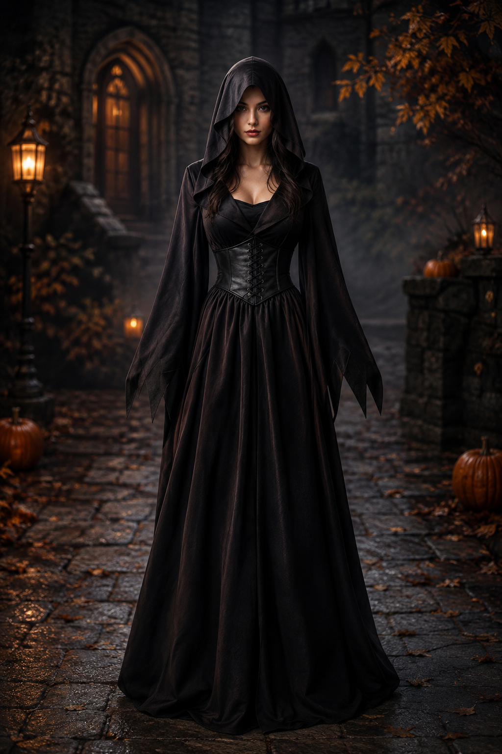 Selene | Women's Gothic Vampire Hooded Corset Lace-Up Pointed-Sleeve Halloween Costume Gown