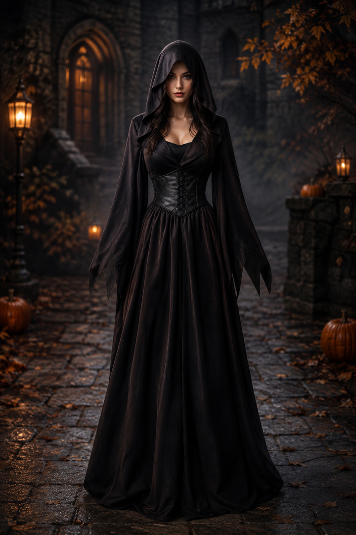 Selene | Women's Gothic Vampire Hooded Corset Lace-Up Pointed-Sleeve Halloween Costume Gown