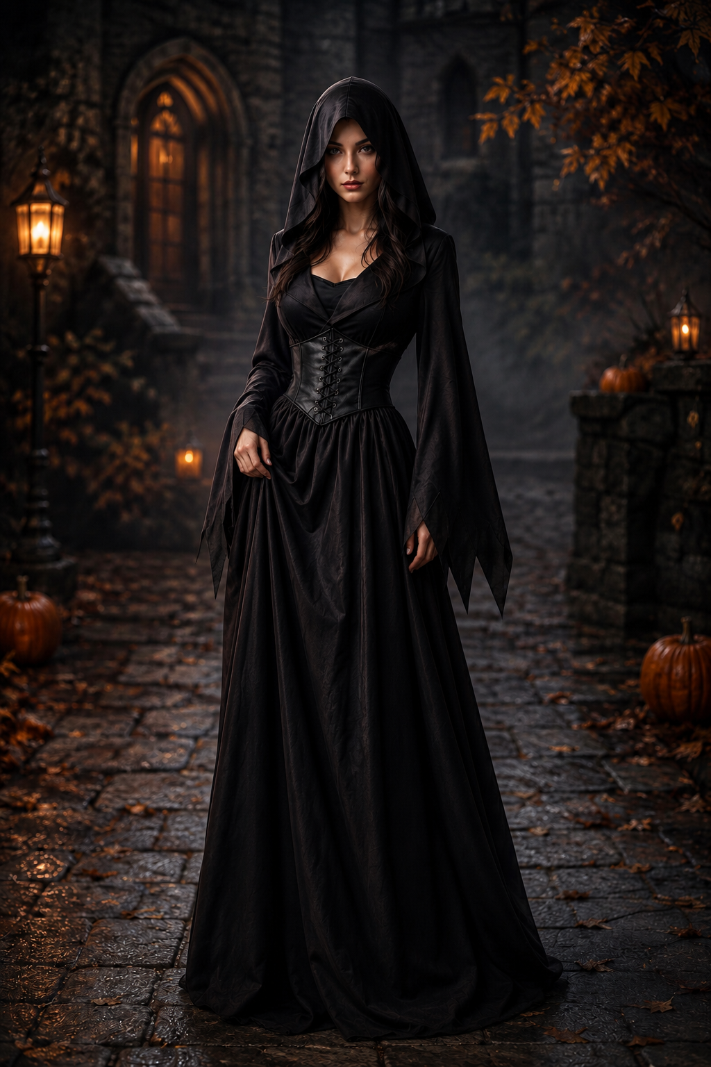Selene | Women's Gothic Vampire Hooded Corset Lace-Up Pointed-Sleeve Halloween Costume Gown