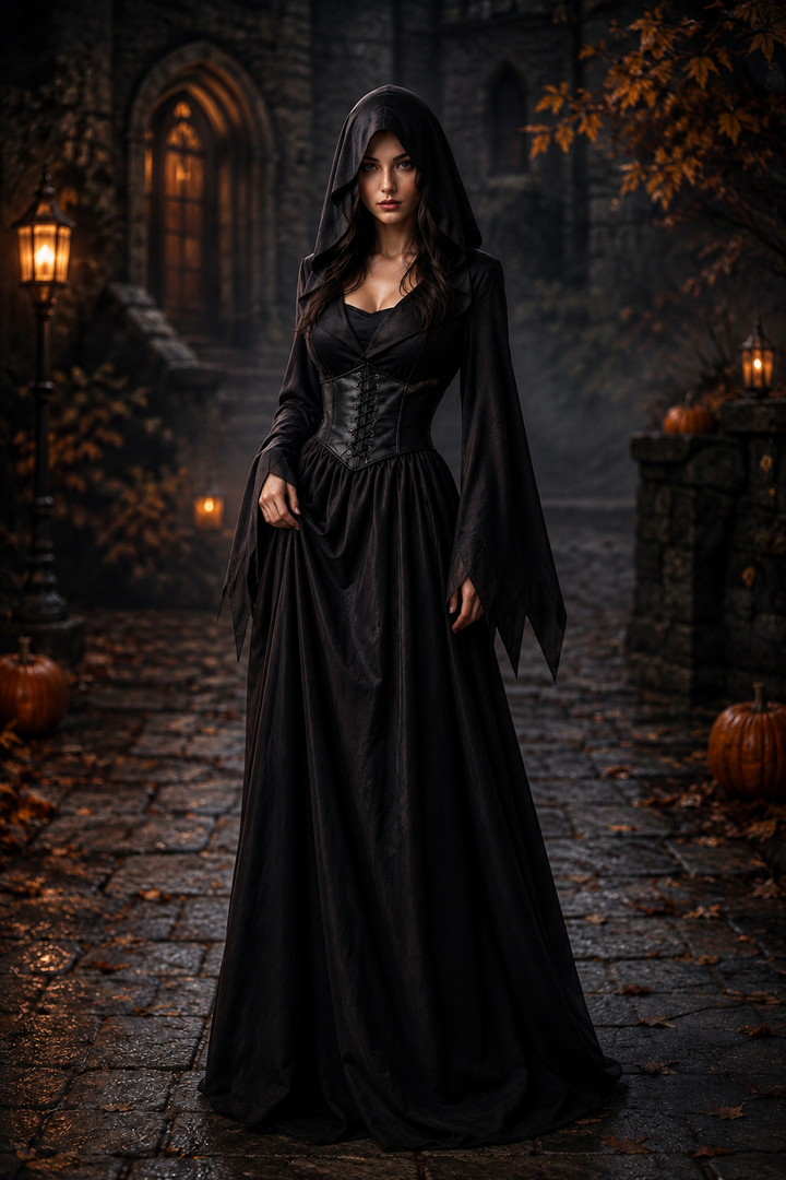 Selene | Women's Gothic Vampire Hooded Corset Lace-Up Pointed-Sleeve Halloween Costume Gown