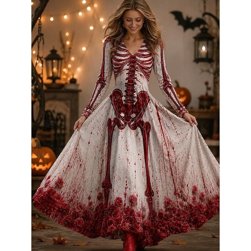 Ravenna | Women's Long-Sleeve V-Neck A-Line Skeleton-Print Halloween Maxi Dress
