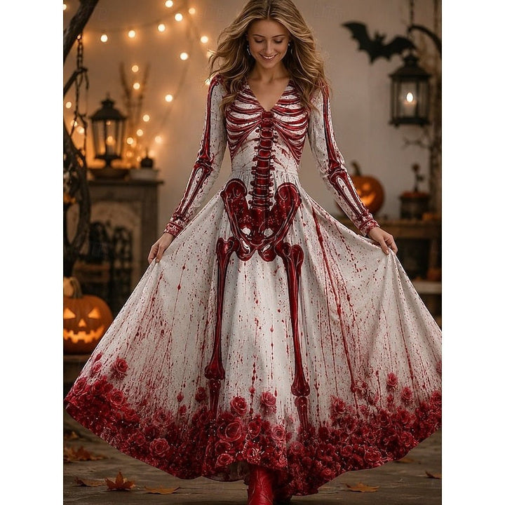 Ravenna | Women's Long-Sleeve V-Neck A-Line Skeleton-Print Halloween Maxi Dress
