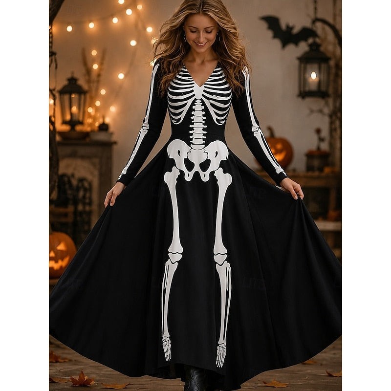 Ravenna | Women's Long-Sleeve V-Neck A-Line Skeleton-Print Halloween Maxi Dress