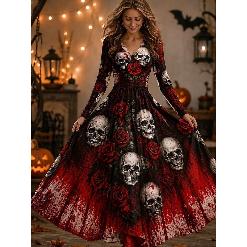 Ravenna | Women's Long-Sleeve V-Neck A-Line Skeleton-Print Halloween Maxi Dress