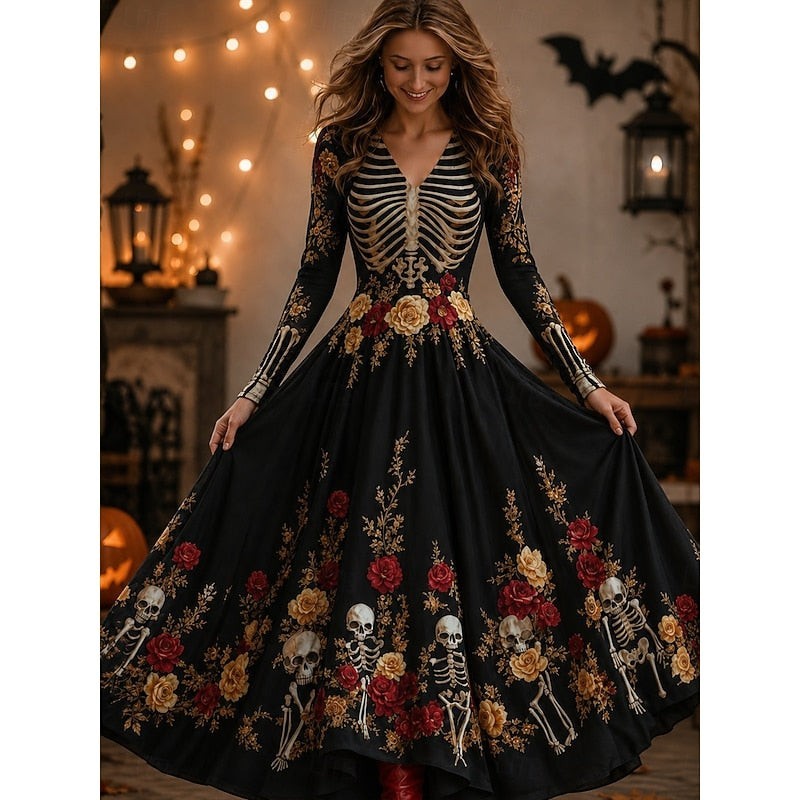 Ravenna | Women's Long-Sleeve V-Neck A-Line Skeleton-Print Halloween Maxi Dress