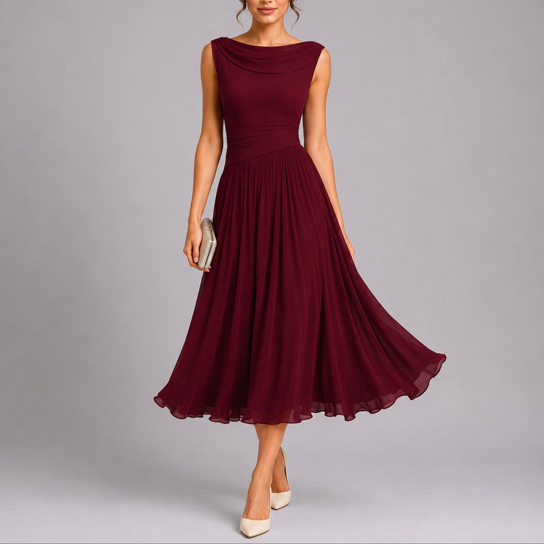 Draped Neck Pleated Chiffon Midi Dress