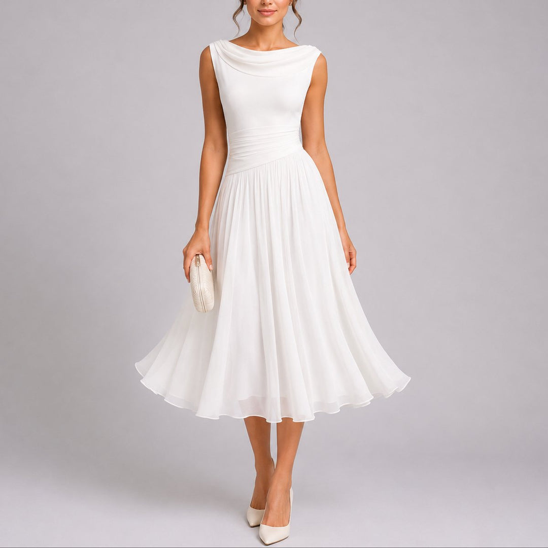 Draped Neck Pleated Chiffon Midi Dress