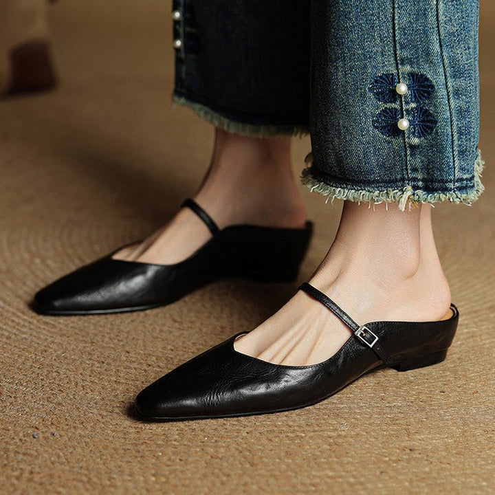 Layla | Women's Pointed-Toe Mary Jane Buckle-Strap Leather Mule Flats