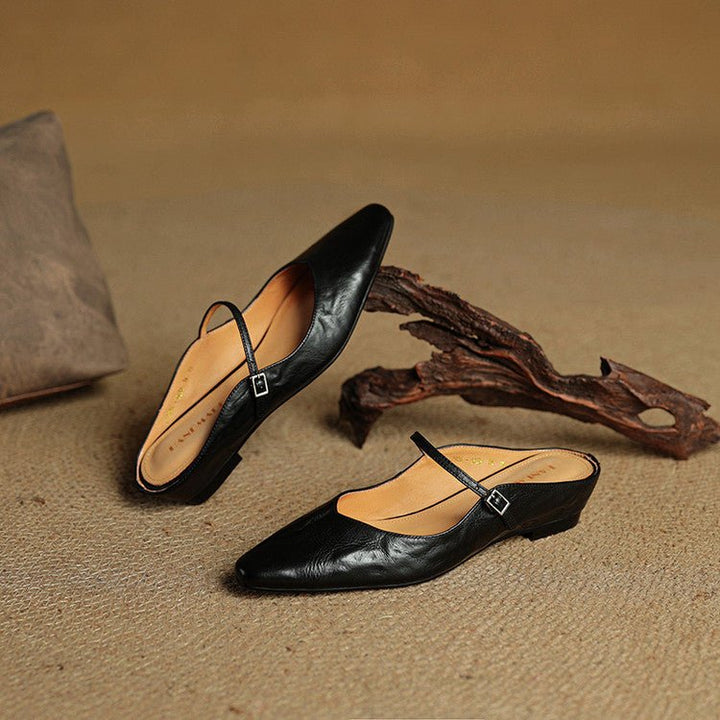 Layla | Women's Pointed-Toe Mary Jane Buckle-Strap Leather Mule Flats