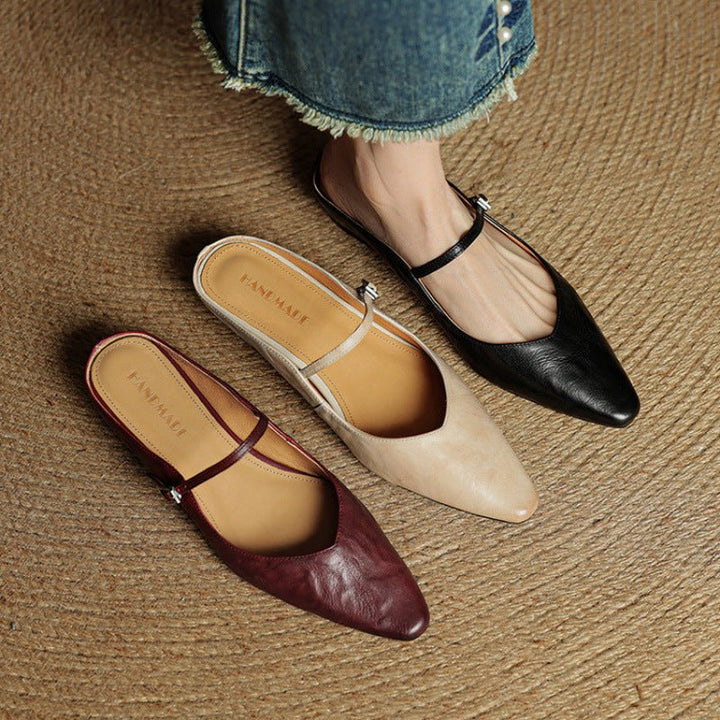 Layla | Women's Pointed-Toe Mary Jane Buckle-Strap Leather Mule Flats