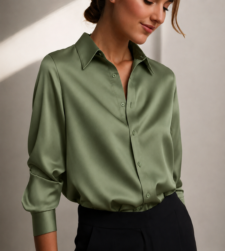 Marlowe | Women's Relaxed-Fit Satin Button-Down Long-Sleeve Collared Shirt