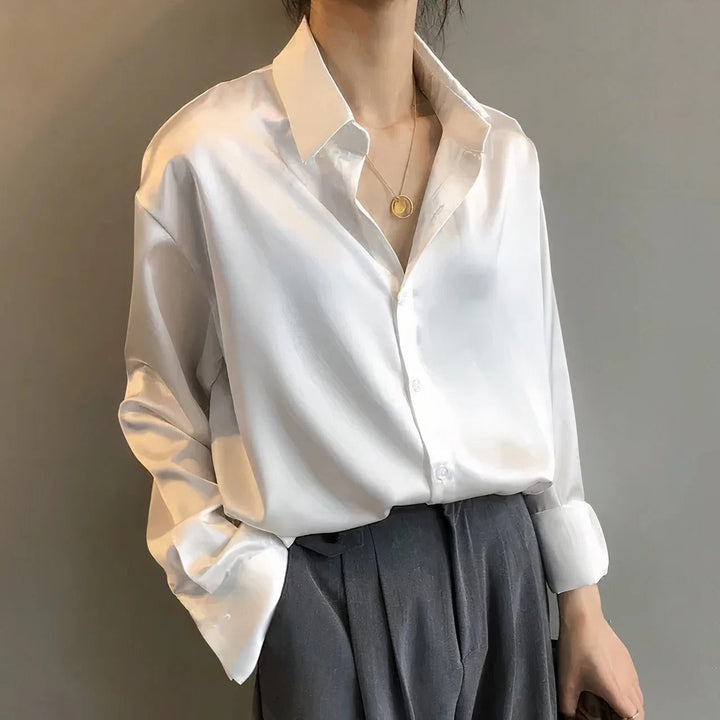Marlowe | Women's Relaxed-Fit Satin Button-Down Long-Sleeve Collared Shirt