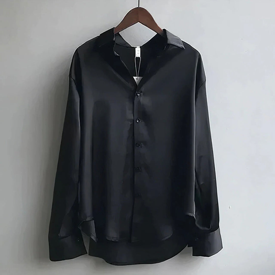 Marlowe | Women's Relaxed-Fit Satin Button-Down Long-Sleeve Collared Shirt