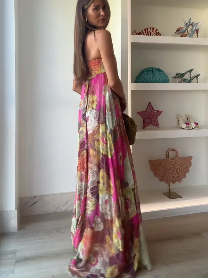 Women’s Strapless Floral Maxi Wedding Guest Dress