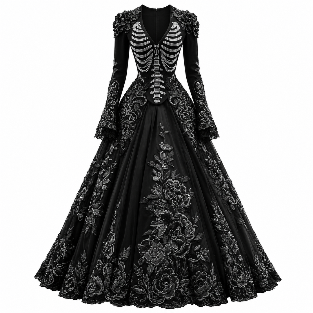 Morticia | Women’s V-Neck Long-Sleeve Skeleton Embroidered Gothic Halloween Gown