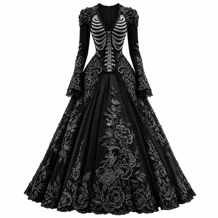 Morticia | Women’s V-Neck Long-Sleeve Skeleton Embroidered Gothic Halloween Gown
