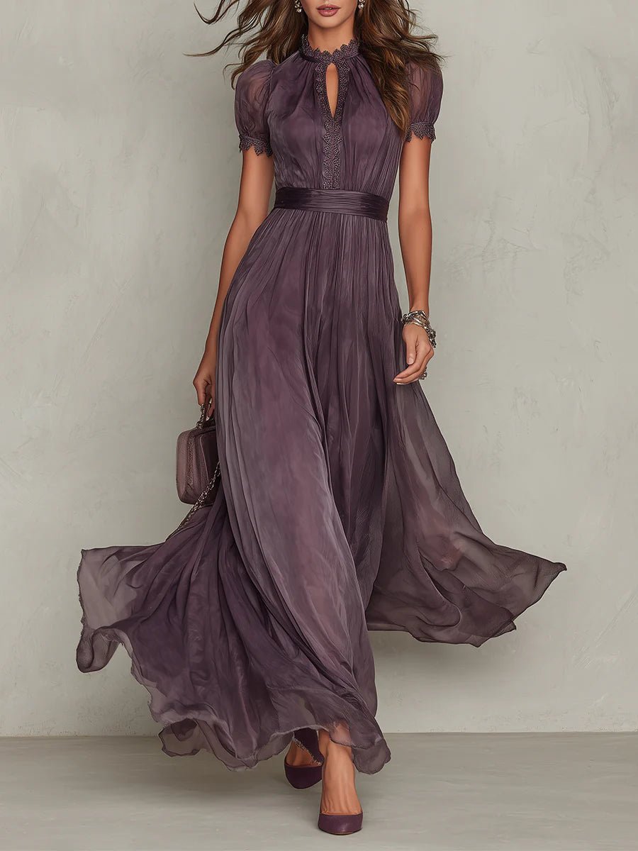 Olivia | Women's Vintage Lace-Trim High-Neck Flowy Chiffon Maxi Dress