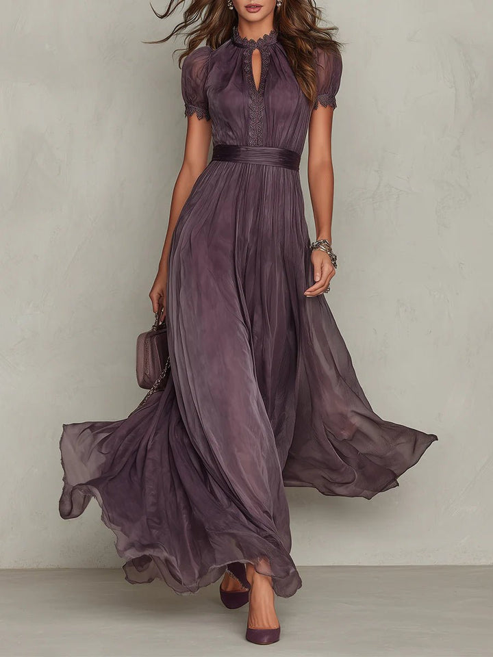 Olivia | Women's Vintage Lace-Trim High-Neck Flowy Chiffon Maxi Dress