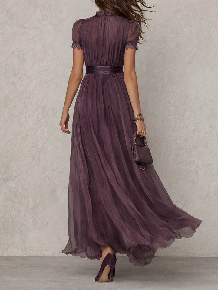 Olivia | Women's Vintage Lace-Trim High-Neck Flowy Chiffon Maxi Dress