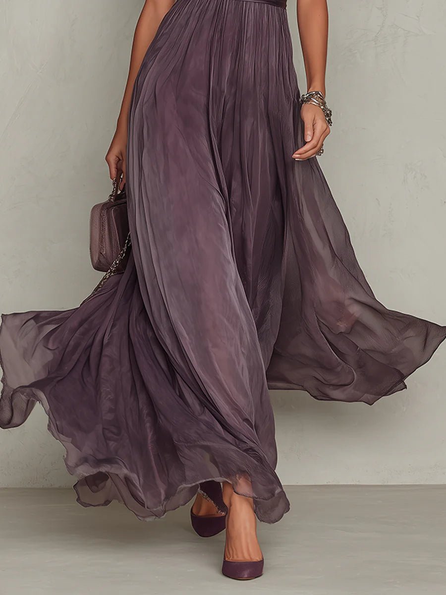 Olivia | Women's Vintage Lace-Trim High-Neck Flowy Chiffon Maxi Dress