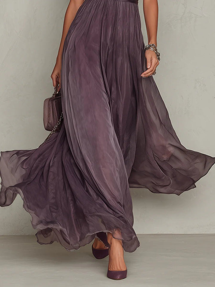 Olivia | Women's Vintage Lace-Trim High-Neck Flowy Chiffon Maxi Dress